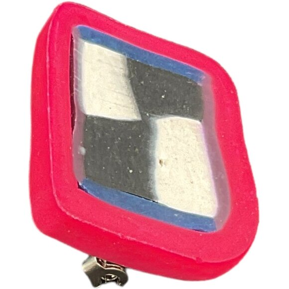 Handmade Checkered Polymer Clay Pin Brooch With Red Border - Picture 3 of 4